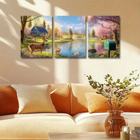 3pcs Spring scene with Florals and Animals Metal Print Ready to Hang Art