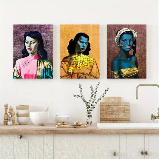 3pcs Vintage-Style Asian Woman Portrait Metal Print Ready to Hang Art