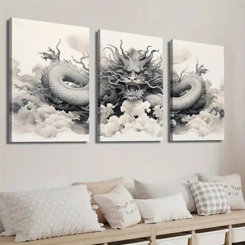 3pcs Japanese Dragon Black & White Wall Art Set Canvas Framed 40x60cm - High Quality Print 100% Australian Made Wall Canvas Ready to Hang