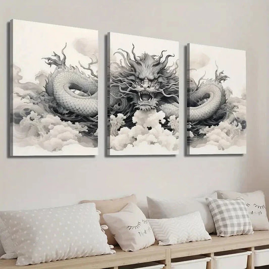 3pcs Japanese Dragon Black & White Wall Art Set Canvas Framed 40x60cm - High Quality Print 100% Australian Made Wall Canvas Ready to Hang