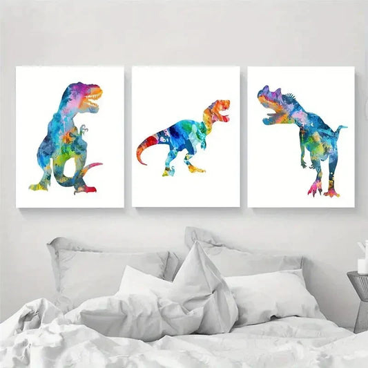 3pcs Colorful Dinosaur T-Rex Design Metal Print Ready to Hang Art