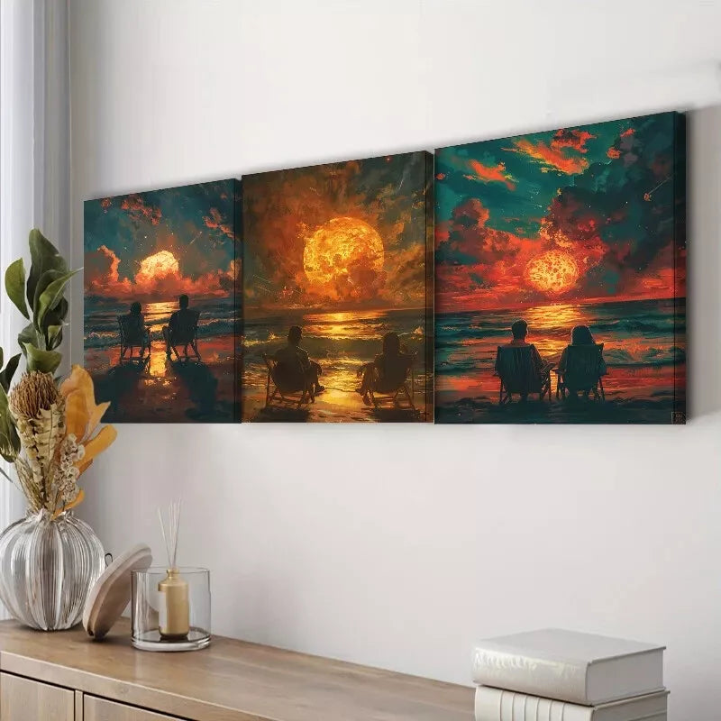 3pcs  Romantic Couple Beach Sunset Painting  Wall Art Set Canvas Framed 40x60cm - High Quality Print 100% Australian Made Wall Canvas Ready to Hang