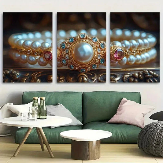 3pcs Elegant Victorian Art Pearl Bracelets and Gem Metal Print Ready to Hang Art
