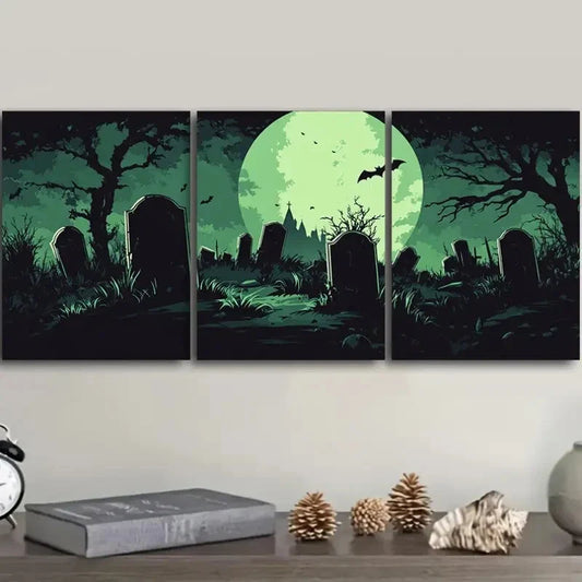 3pcs Eerie Green Moon & Cemetery Design,  Metal Print Ready to Hang Art