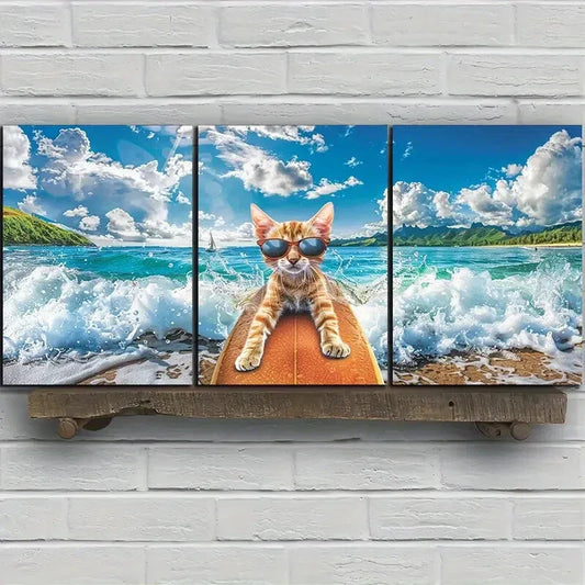 3pcs Whimsical Cat Surfer Vibrant Colors Metal Print Ready to Hang Art