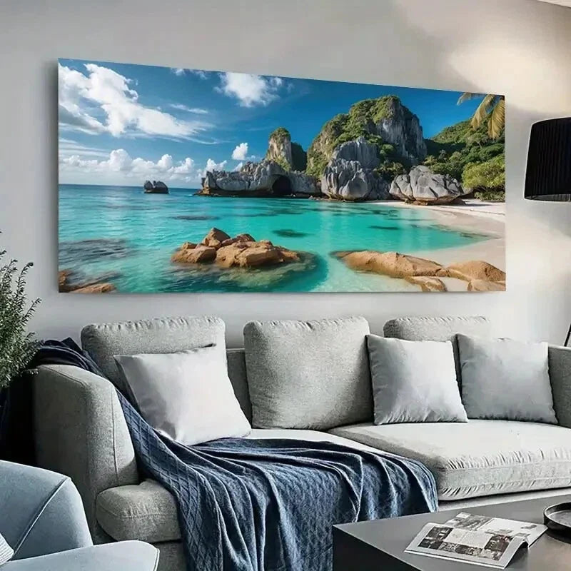 Tropical Palm Rocks Beach wall canvas office home room framed 120x60cm