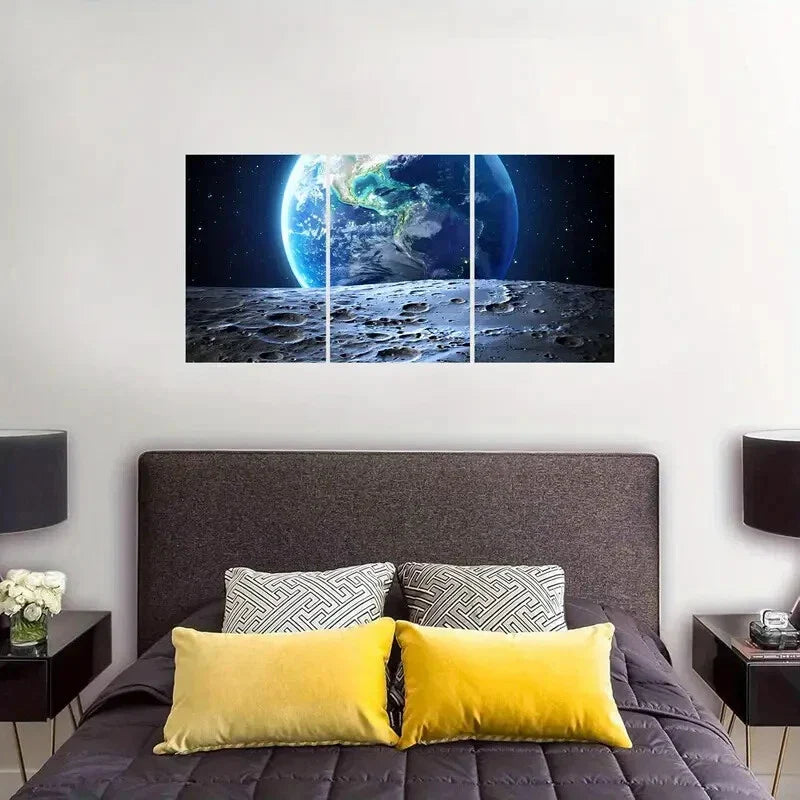 3pcs Realistic Earth & Lunar Landscape Metal Print Ready to Hang Art