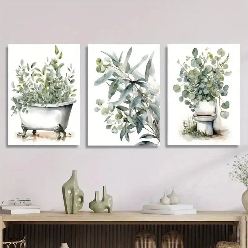3pcs Botanical Bathroom Watercolor Murals Metal Print Ready to Hang Art