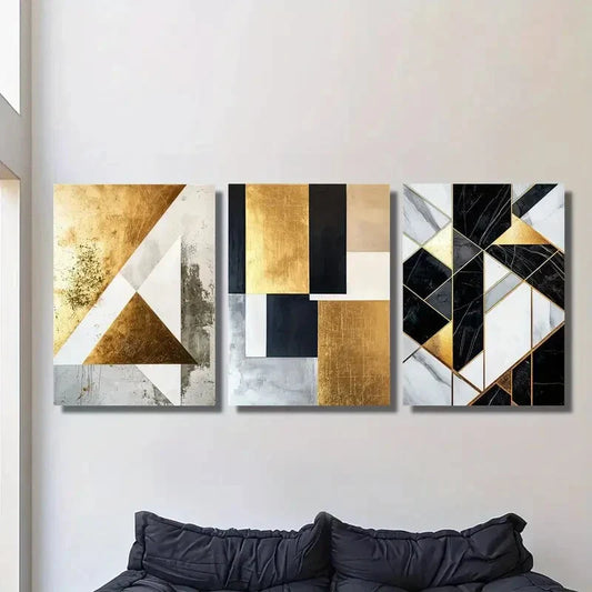 3pcs Abstract Black & Golden Marble Metal Print Ready to Hang Art
