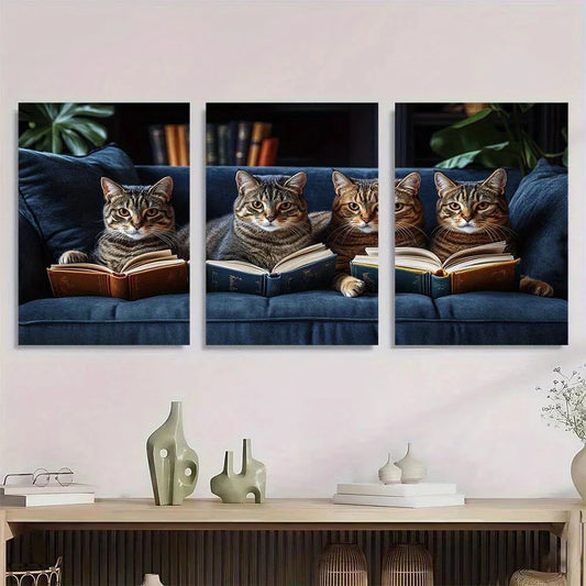 3pcs Modern Glam Cat Reading Books Metal Print Ready to Hang Art