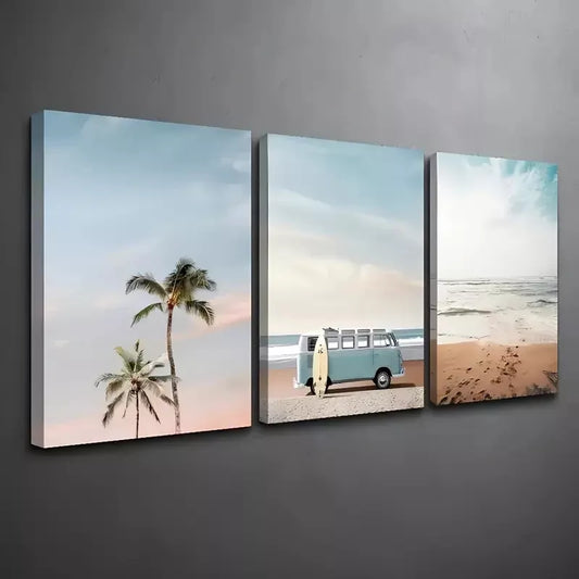 3pcs Bohemian Chic Summer Sea, Van and Beach  Wall Art Set Canvas Framed 40x60cm - High Quality Print 100% Australian Made Wall Canvas Ready to Hang