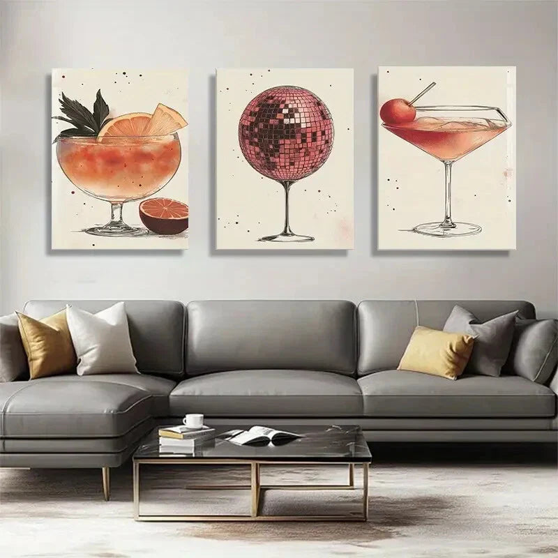 3pcs Cocktail Disco Ball Martini Glass Perfect Wall Art Set Canvas Framed 40x60cm - High Quality Print 100% Australian Made Wall Canvas Ready to Hang