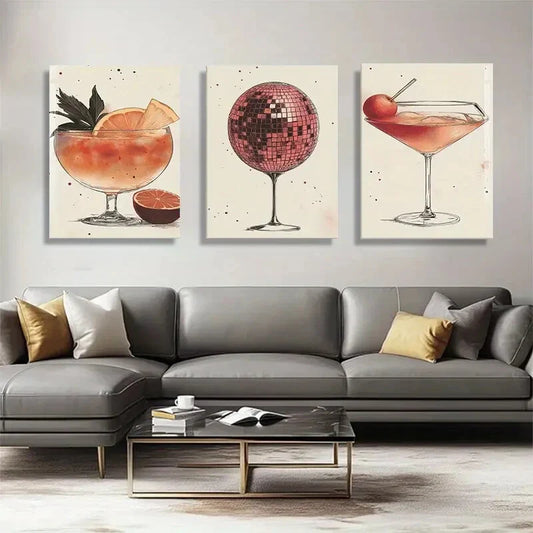3pcs Cocktail Disco Ball Martini Glass Perfect Wall Art Set Canvas Framed 40x60cm - High Quality Print 100% Australian Made Wall Canvas Ready to Hang