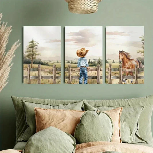 3pcs Cowboy and Horse Nursery Design Metal Print Ready to Hang Art