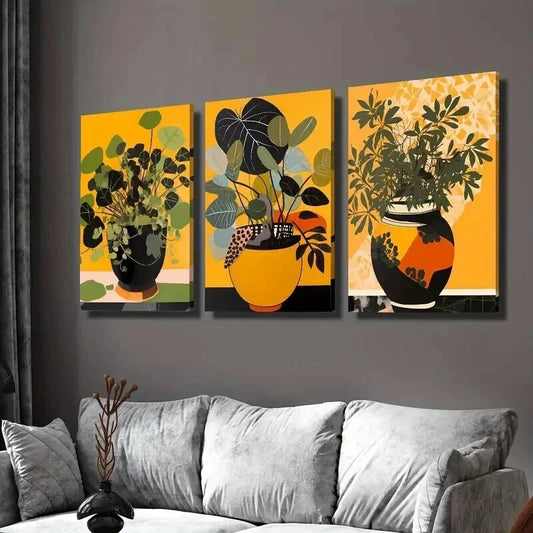3pcs Green Leaves Plant Pot Painting Wall Art Set Canvas Framed 40x60cm - High Quality Print 100% Australian Made Wall Canvas Ready to Hang