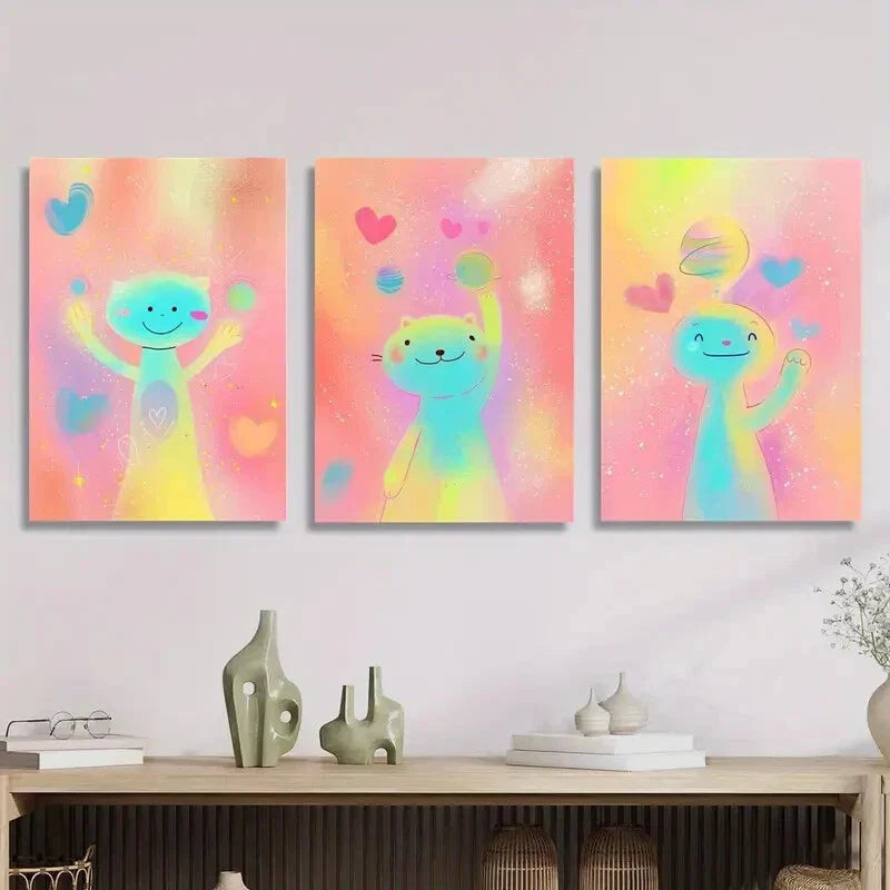3pcs Cartoon cute pink spaceman, happy  Metal Print Ready to Hang Art