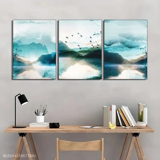 3pcs Distant Mountains & Birds Urban Living Art Metal Print Ready to Hang Art