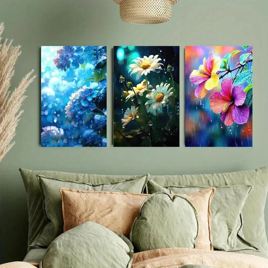 3pcs Blue Hydrangeas Chrysanthemum Metal Print Ready to Hang Art