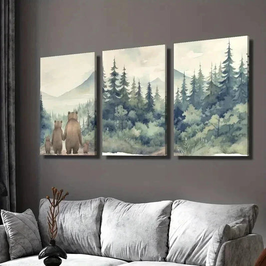 3pcs Bear Family in Forest Portrait Decor Wall Art Set Canvas Framed 40x60cm - High Quality Print 100% Australian Made Wall Canvas Ready to Hang
