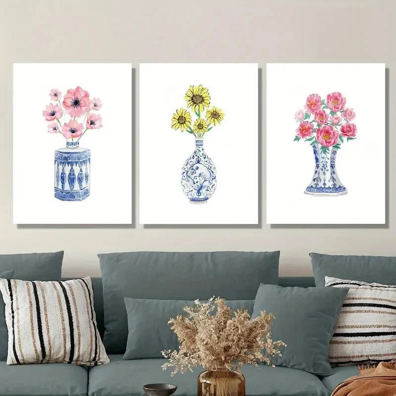 3pcs Chinese Style Blue and White Porcelain Vase Metal Print Ready to Hang Art