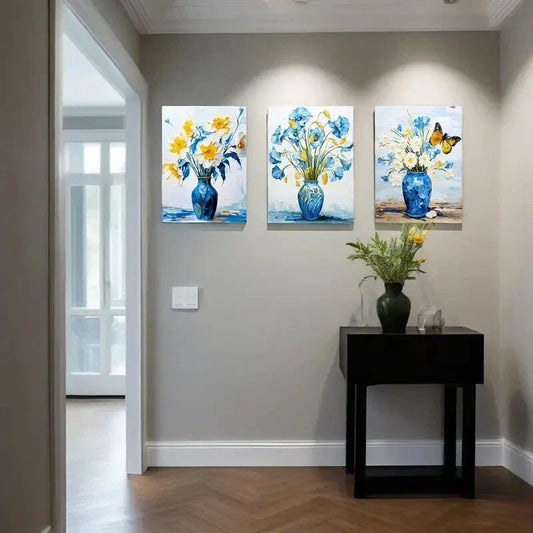 3pcs  White and Blue Daisy in Pretty Vase Picture   Metal Print Ready to Hang Art