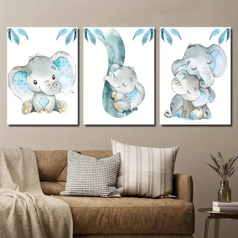 3pcs Watercolor Style Blue and Gray Elephant Metal Print Ready to Hang Art