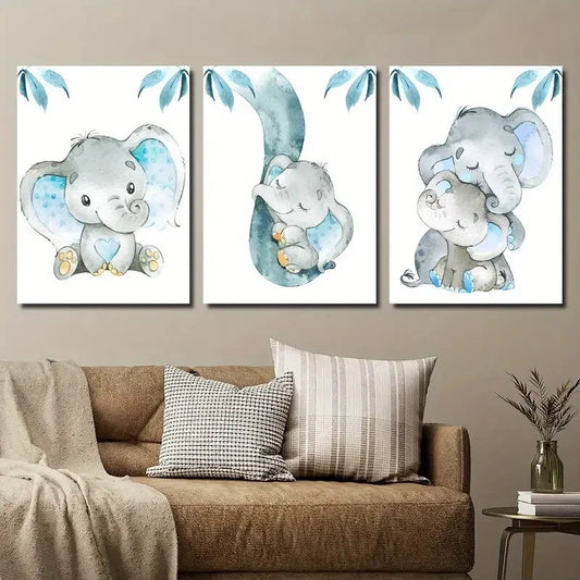 3pcs Watercolor Style Blue and Gray Elephant Metal Print Ready to Hang Art