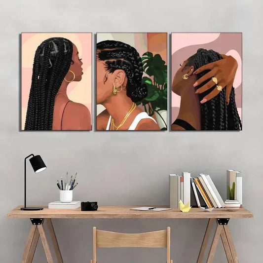 3pcs Boho Tropical Plant Leaves Print Black Girl Metal Print Ready to Hang Art