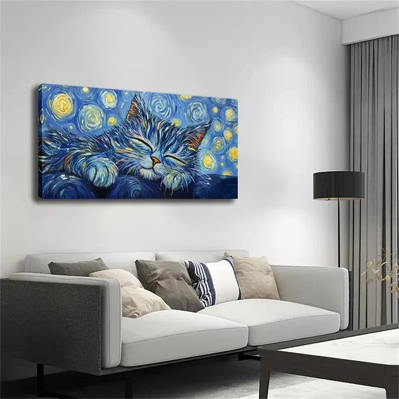Sleeping Cat with Starry Night Wall Art Canvas Office Home Room Framed 120x60cm