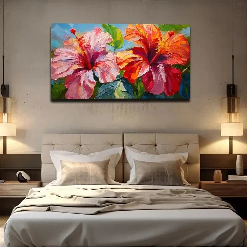 Vibrant Red & Orange Hibiscus Wall Art Canvas Office Home Room Framed 80x45cm