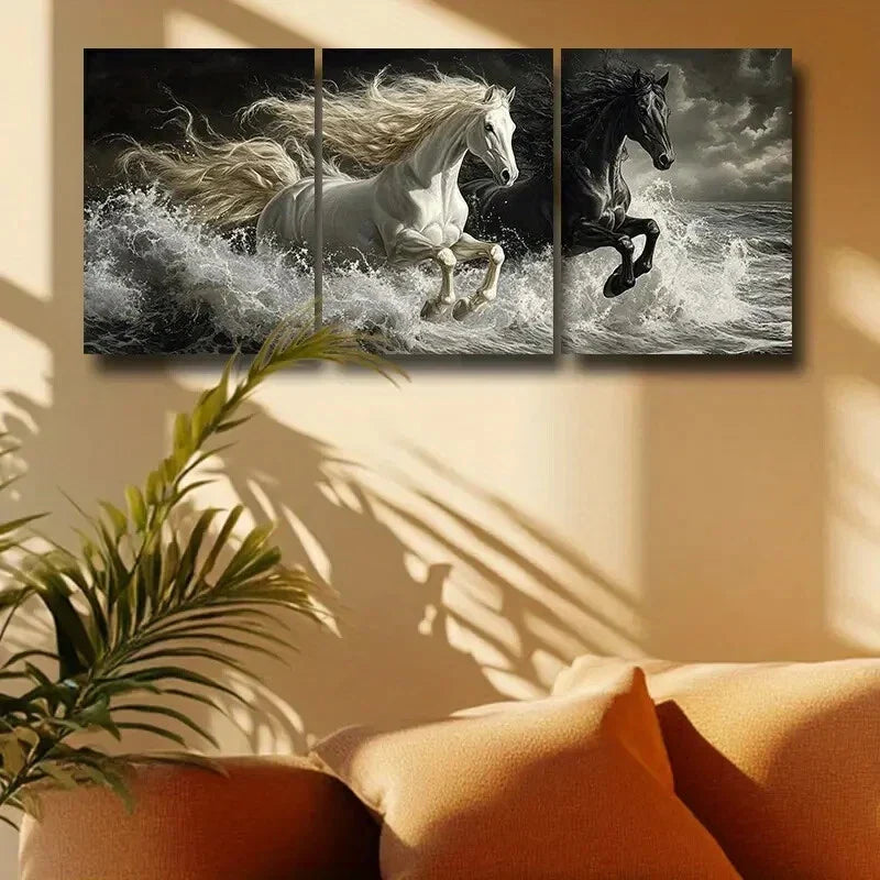 3pcs Dynamic Horse Racing Scene with Stormy Sky Metal Print Ready to Hang Art