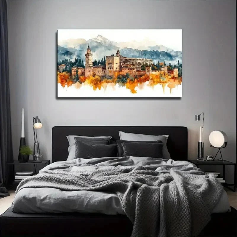 Castle Under The Mountain Lands Wall Art Canvas Office Home Room Framed 80x45cm