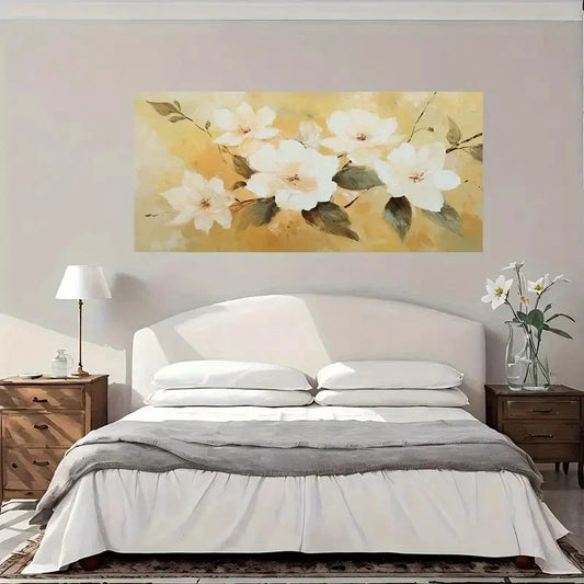 White & Golden Floral Wall Art Canvas Office Home Room Framed 80x45cm