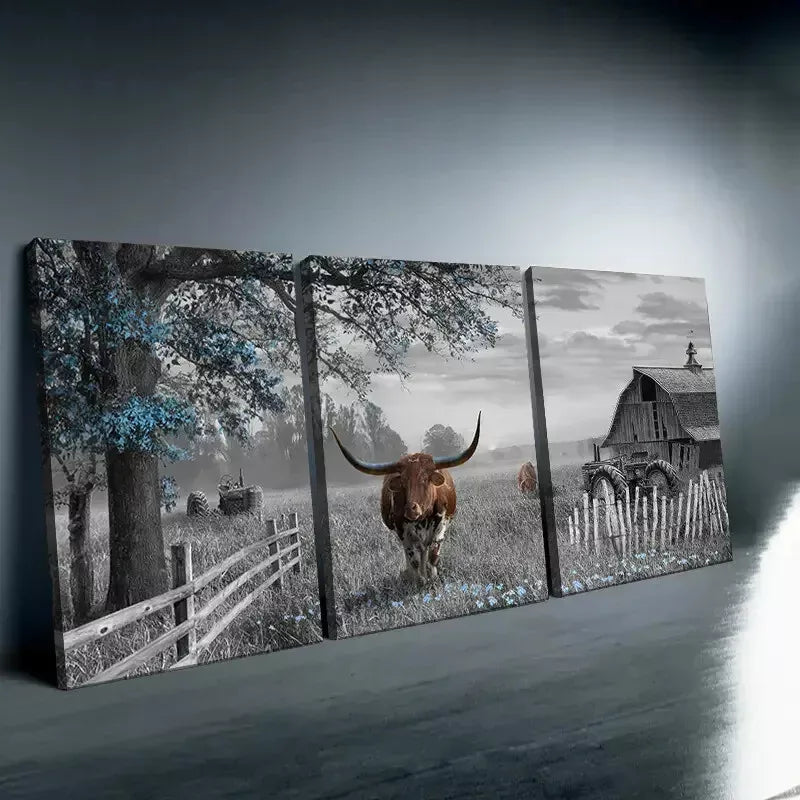 3pcs Highland Cow Wall Art Farmhouse Canvas Framed 40x60cm - High Quality Print 100% Australian Made Wall Canvas Ready to Hang