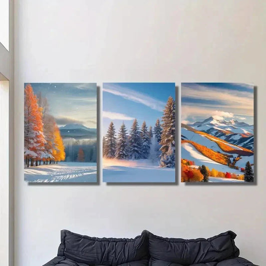3pcs Winter snow landscape, snow forest Metal Print Ready to Hang Art