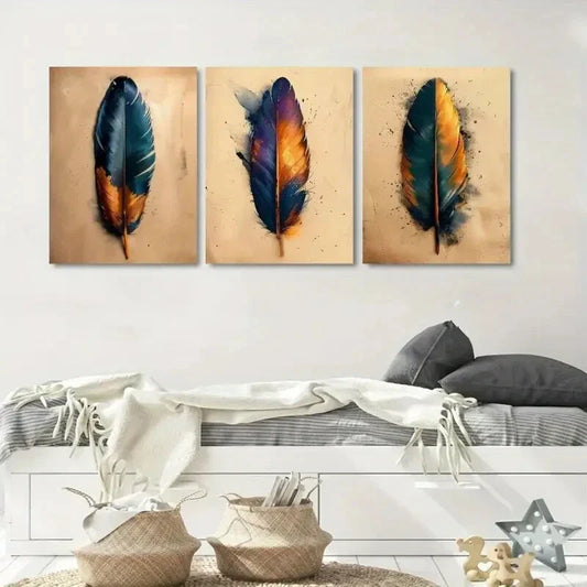 3pcs Feathers Painting Metal Print Ready to Hang Art