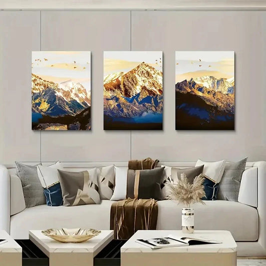 3pcs   golden mountain and bird flock Metal Print Ready to Hang Art