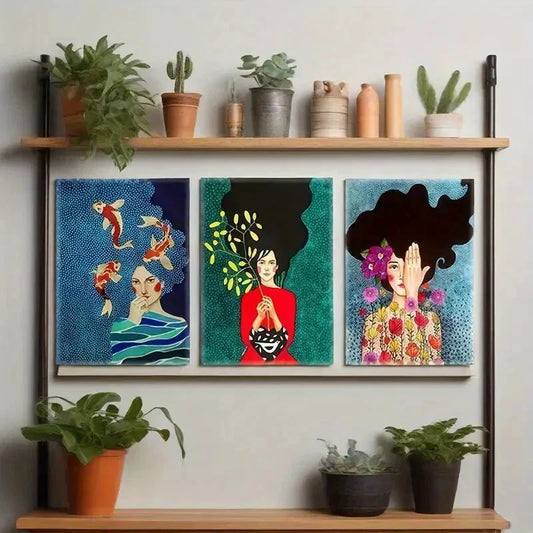 3pcs  Woman Abstract Printing, Flowers   Metal Print Ready to Hang Art