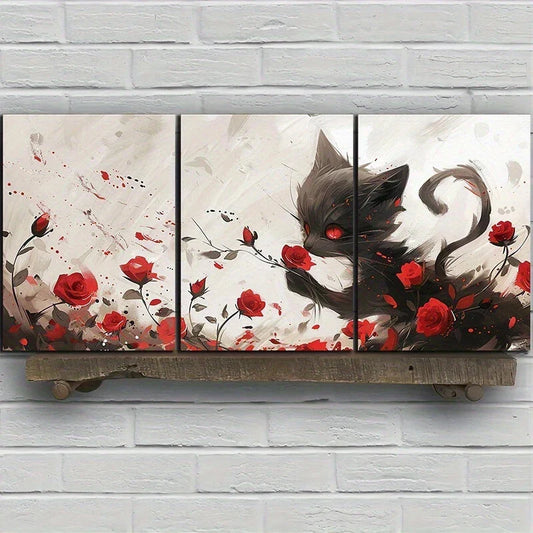 3pcs Whimsical Cat and Roses Red Eyes Metal Print Ready to Hang Art