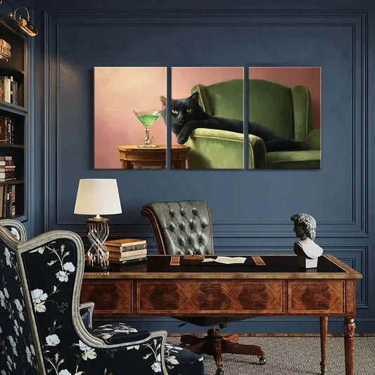 3pcs Black Cat Green Cocktail & Vintage Sofa Metal Print Ready to Hang Art