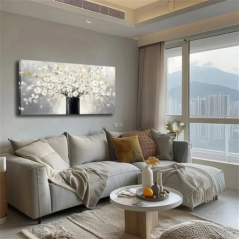 Elegant White Flowers in Black Wall Art Canvas Office Home Room Framed 120x60cm