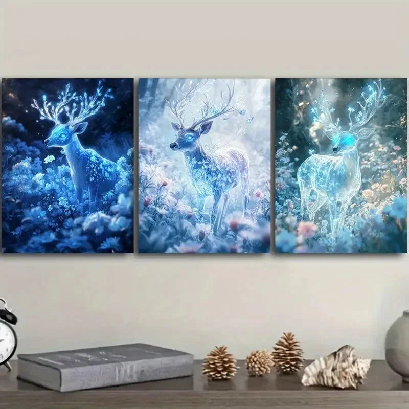 3pcs Luxurious, Deer with Ice-blue, Metal Print Ready to Hang Art