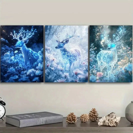 3pcs Luxurious, Deer with Ice-blue, Metal Print Ready to Hang Art