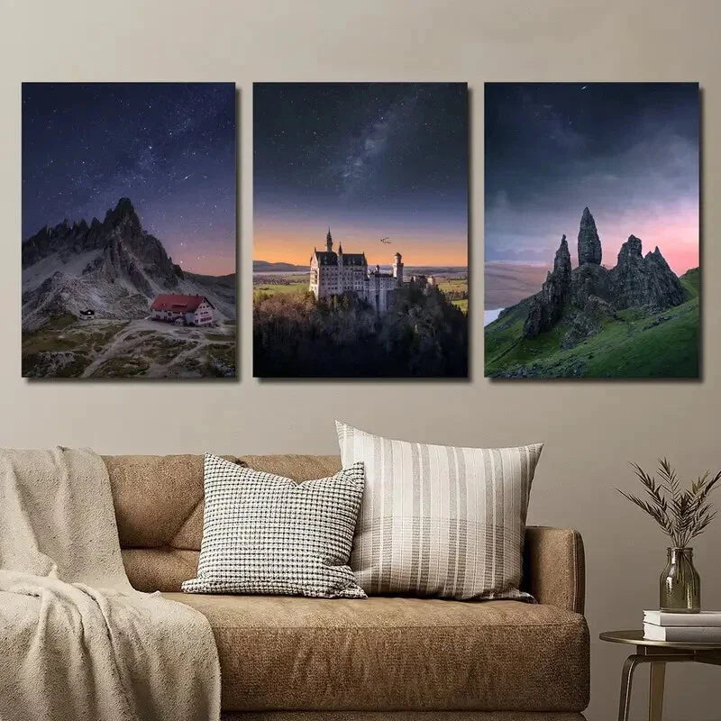 3pcs Brown and White Houses Under Rocky Hills Metal Print Ready to Hang Art
