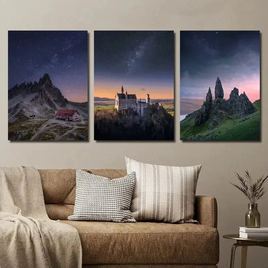 3pcs Brown and White Houses Under Rocky Hills Metal Print Ready to Hang Art