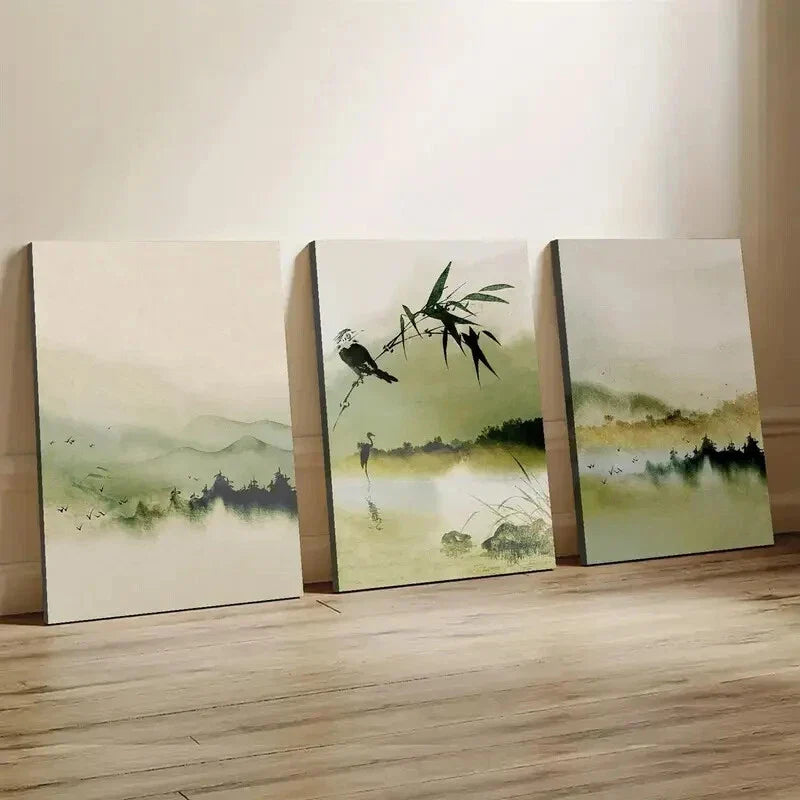 3pcs Green Mountain & Bamboo Forest Wall Art Set Canvas Framed 40x60cm - High Quality Print 100% Australian Made Wall Canvas Ready to Hang