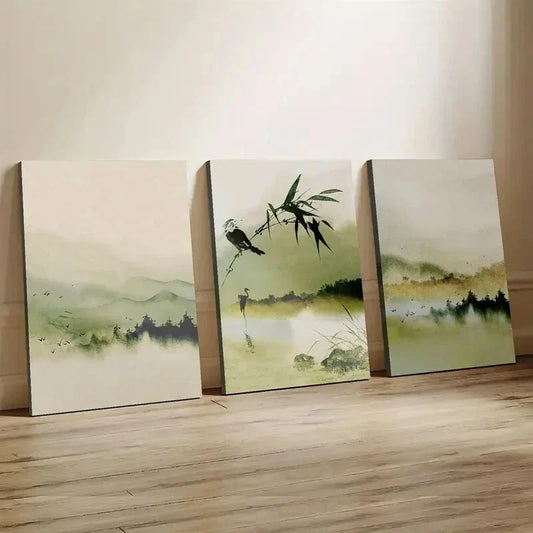 3pcs Green Mountain & Bamboo Forest Wall Art Set Canvas Framed 40x60cm - High Quality Print 100% Australian Made Wall Canvas Ready to Hang