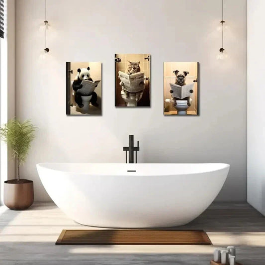3pcs  Featuring a Panda, Dog, And Cat Sitting on a Toilet  Metal Print Ready to Hang Art