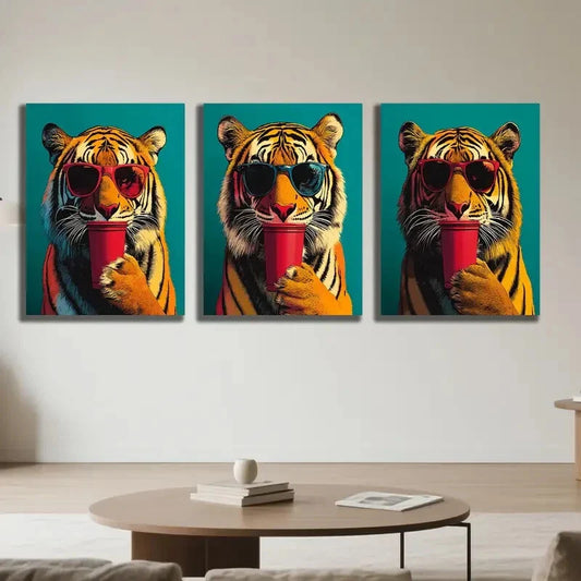 3pcs Vibrant Tiger with Fashion Glasses & Red C Metal Print Ready to Hang Art