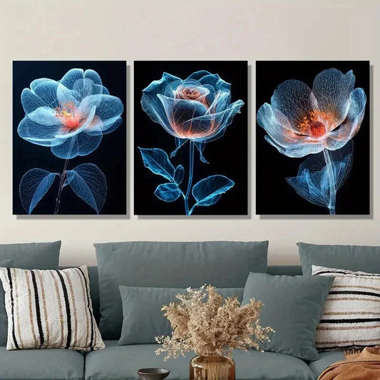 3pcs Blue Flower Illustration, Botanical Flower   Metal Print Ready to Hang Art